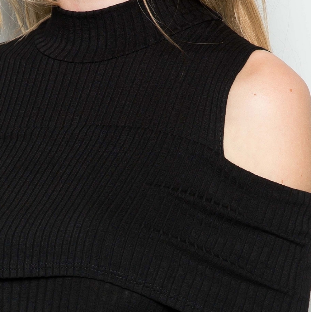 CY Fashion Ribbed Bodycon Black Cold Shoulder, Long Sleeve Fitted Dress hp 10x🔥 - Picture 10 of 13